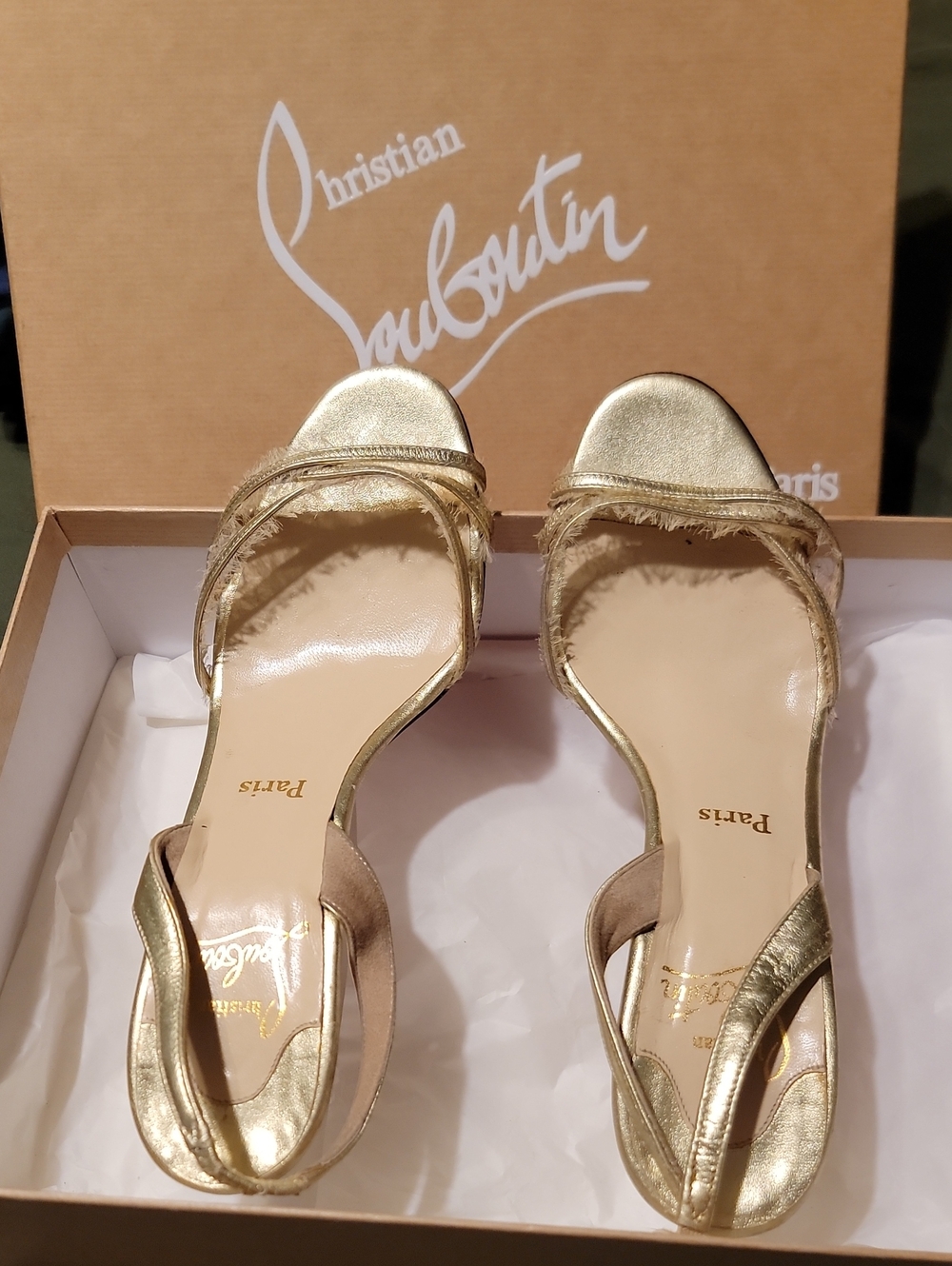 Christian Louboutin Metallic Gold Frayed Strap Slingback Heels